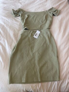 Guess Sage Green Ribbed Off-Shoulder Mini Skirt Set